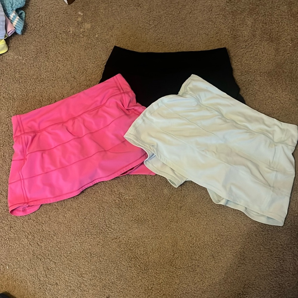 !!BUNDLE!! Lululemon pace rival skirt in Sonic pink, Black, and Delicate Mint.